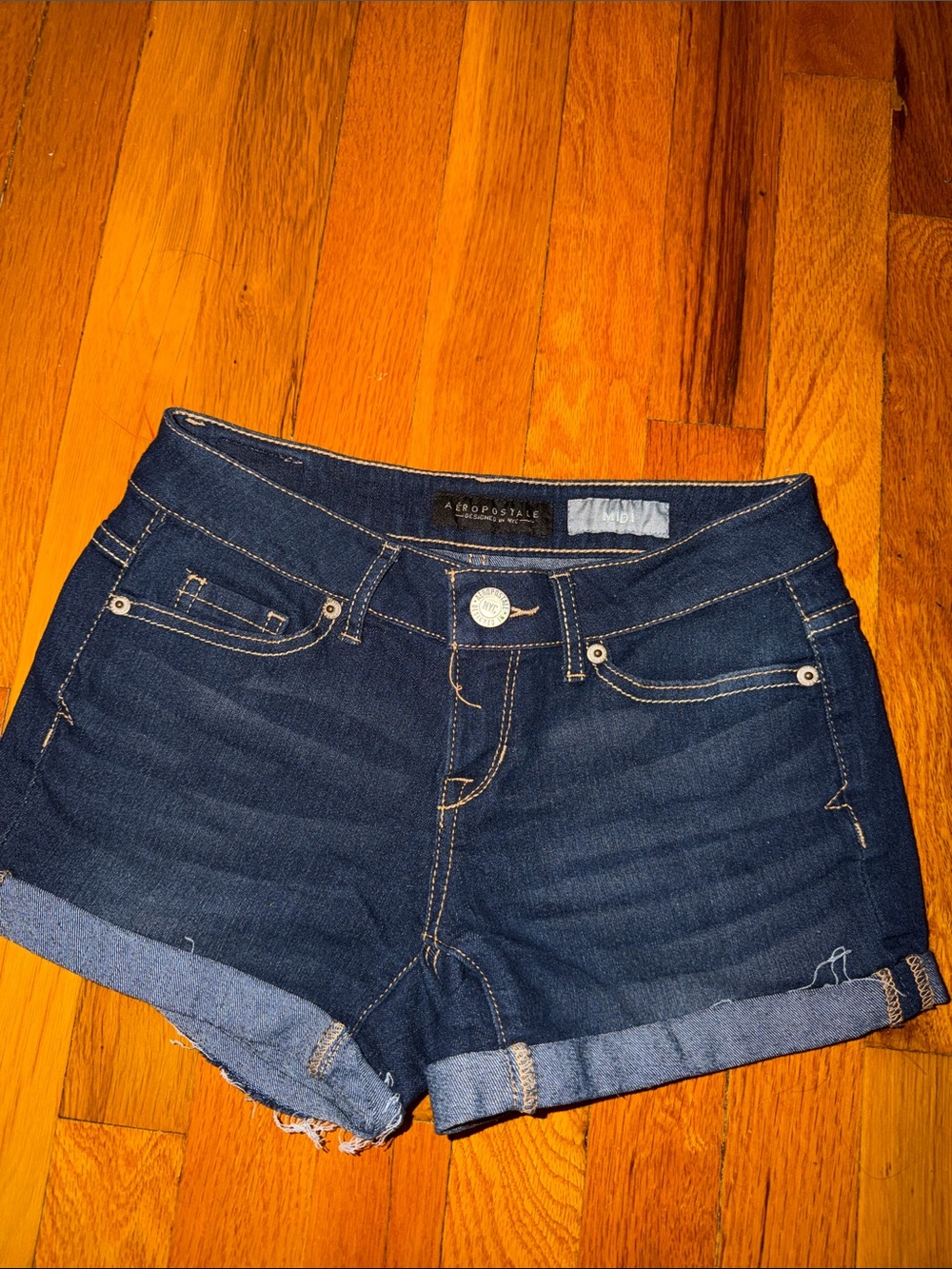 Aeropostale Dark Blue Rolled Cuff Denim Shorts Designed in NYC Midi